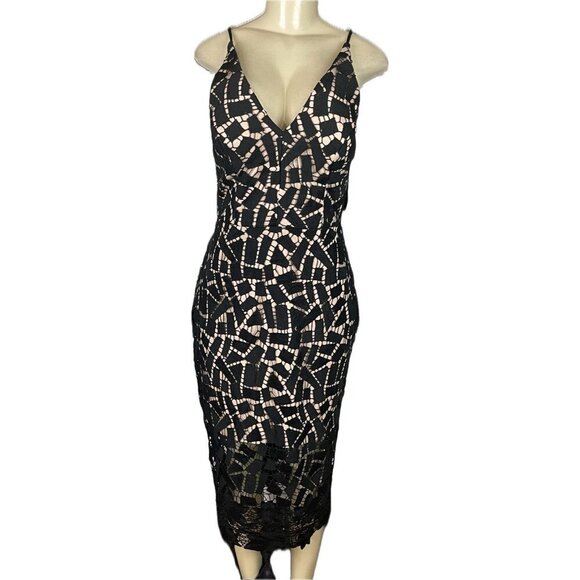 Xscape 8 Black/Nude Geometric Lace V-Neckline Sheer Hemline Midi Evening Dress - Picture 2 of 6